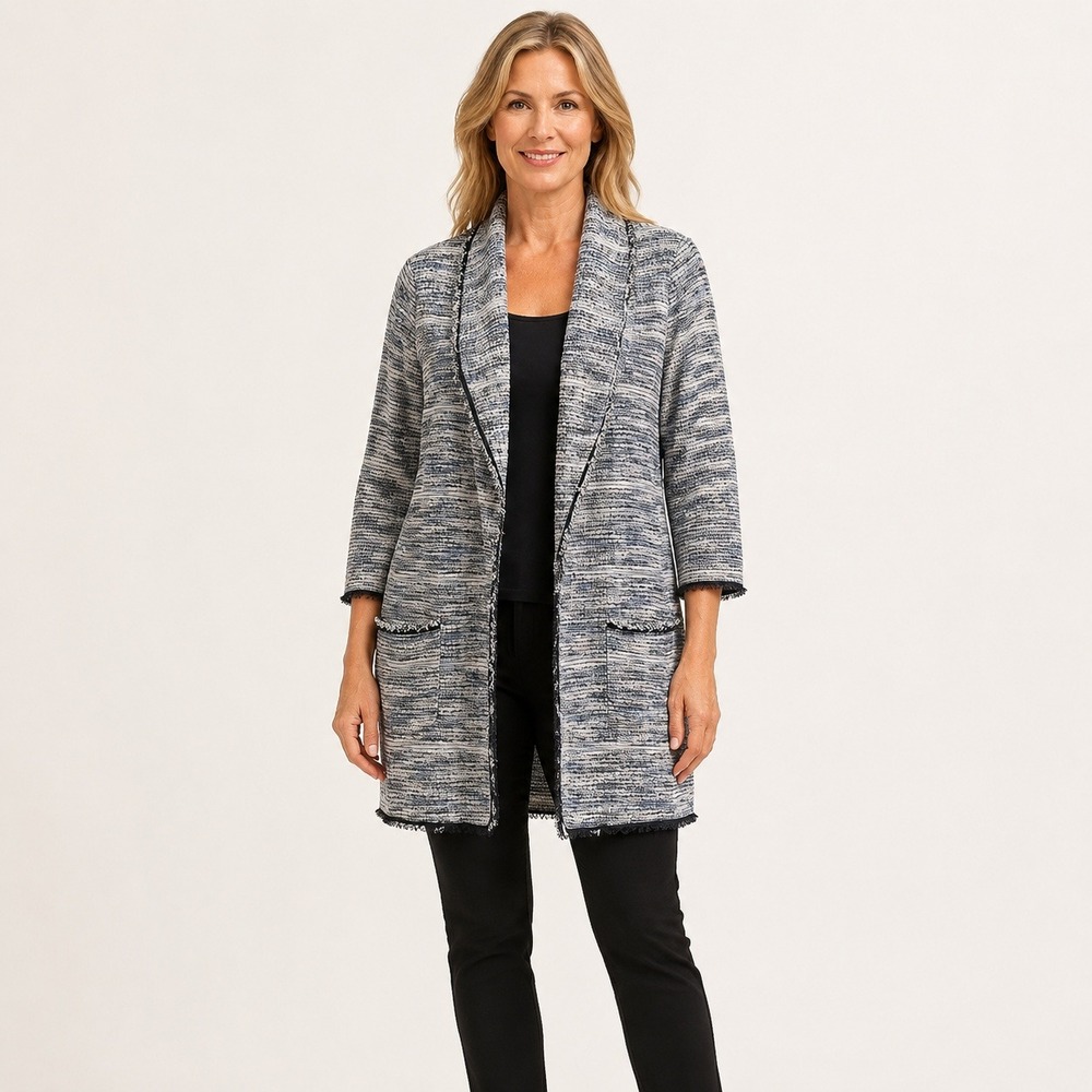 Max Studio London Women's L Blue White Textured Knit Long Jacket Fringe
